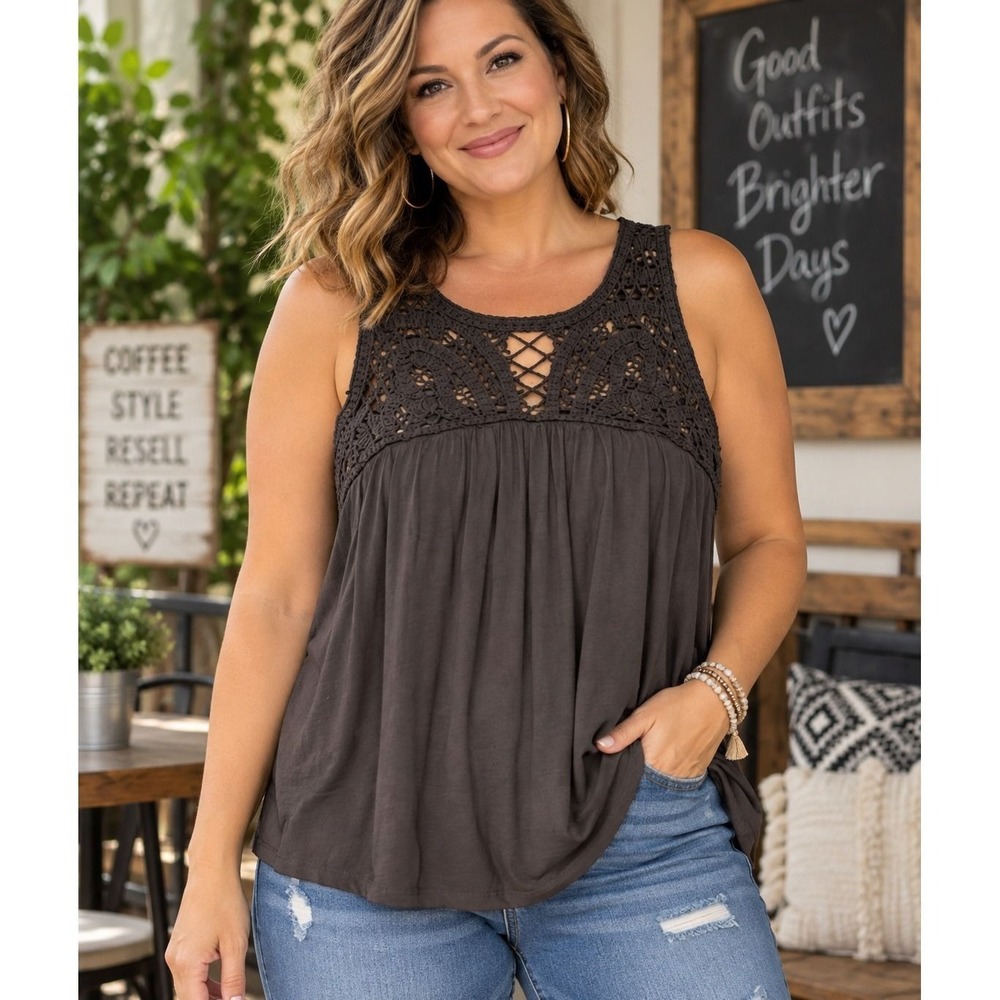 Time and Tru Black Crochet Lace Yoke Sleeveless Top XXL (20) Boho Knit Tank